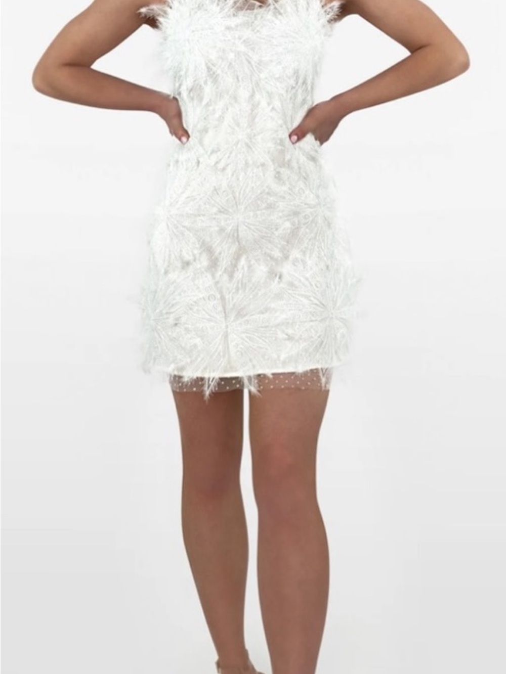 INAMORE Mariposa White Feather-Embellished Mini Dress